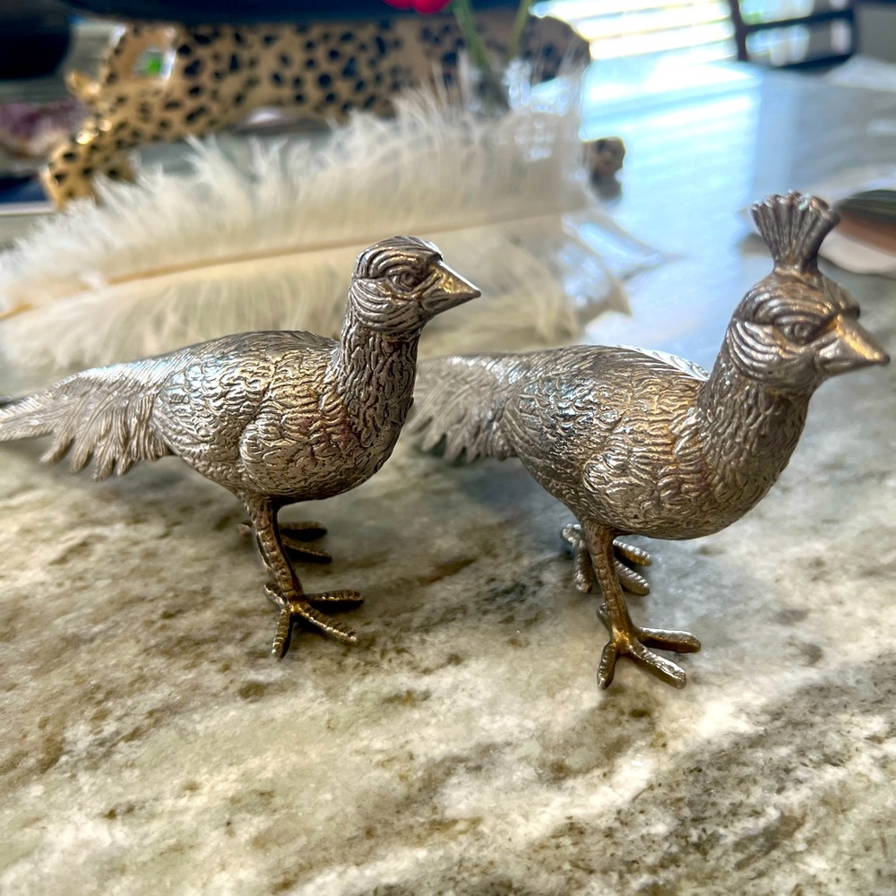 Vintage Silver Plated Peacock Figurines , Silver Pheasant Figurines,